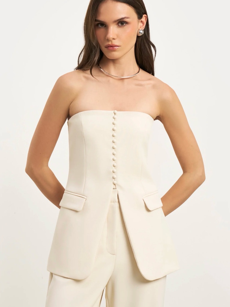 Strapless Cream Button-Front Tailored Top
